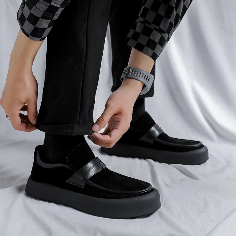 

men fashion cow suede leather shoes slip on flats platform shoe breathable summer loafers black stylish gentleman footwear male
