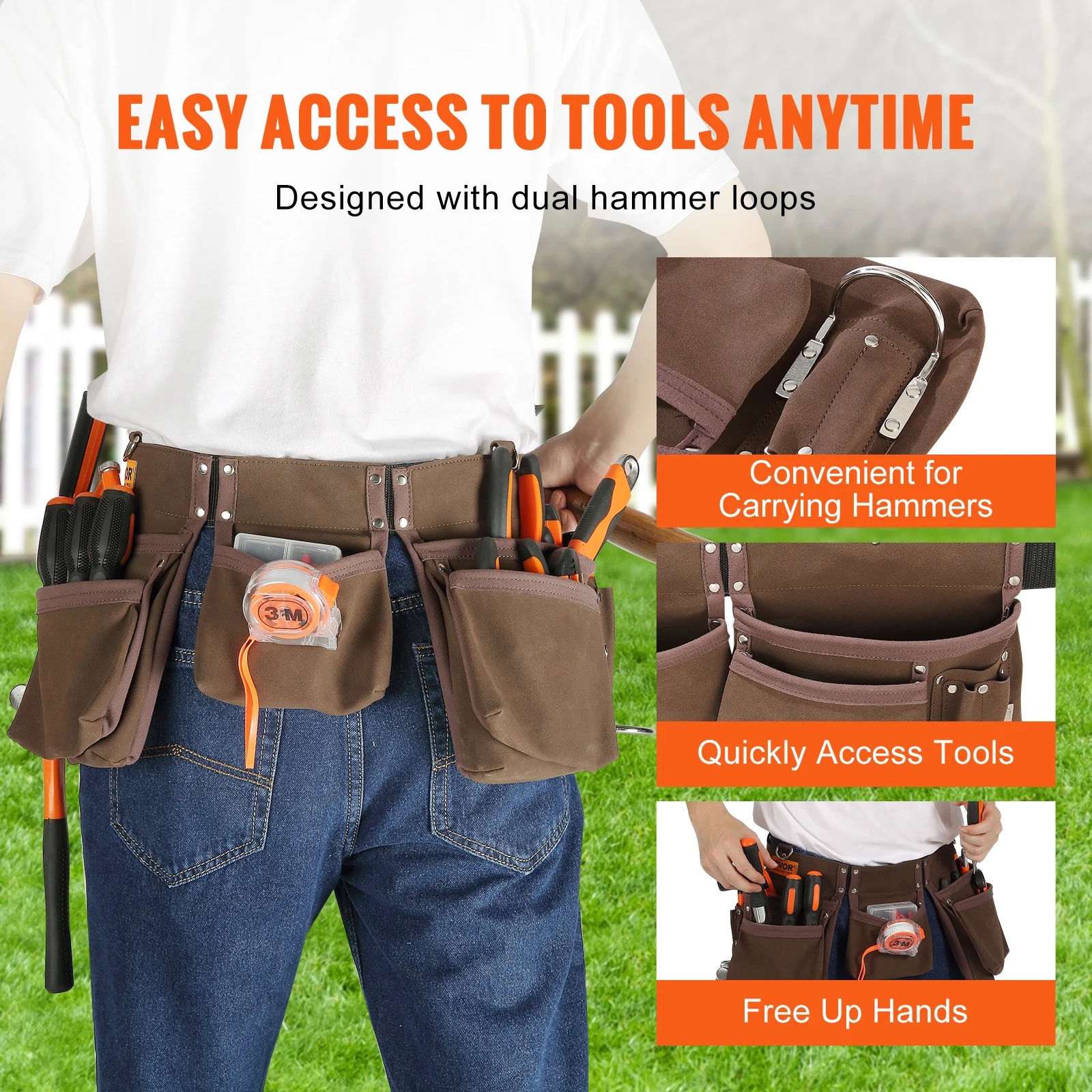 VEVOR 13 Pockets Tool Belt Waist Pouch with Dual Hammer Loops Tool Storge Bag for Wrenchs Screw Electrician Carpenter Repair 4