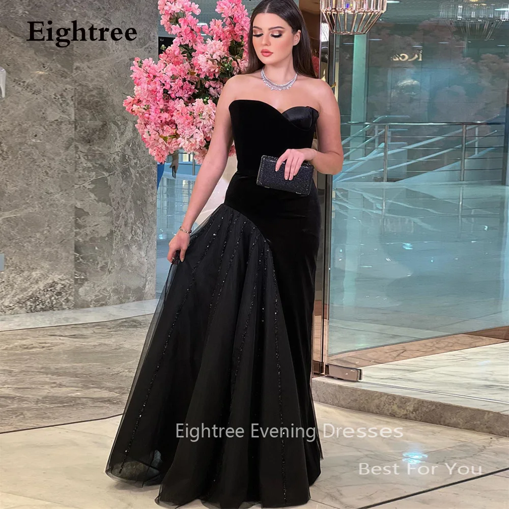 

Eightree Black Sequined Saudi Arabia Evening Party Dresses Velvet Sweetheart Prom Dress Dubai Sleeveless Special Occasion Gowns