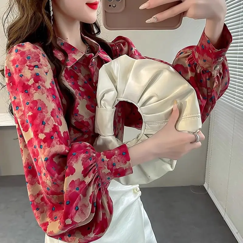 여성용 폴로 칼라 패션 랜턴 소매 셔츠, 우아한 캐주얼 루즈 프린팅 단추 가디건, 올매치 상의, 용수철 가을 신상