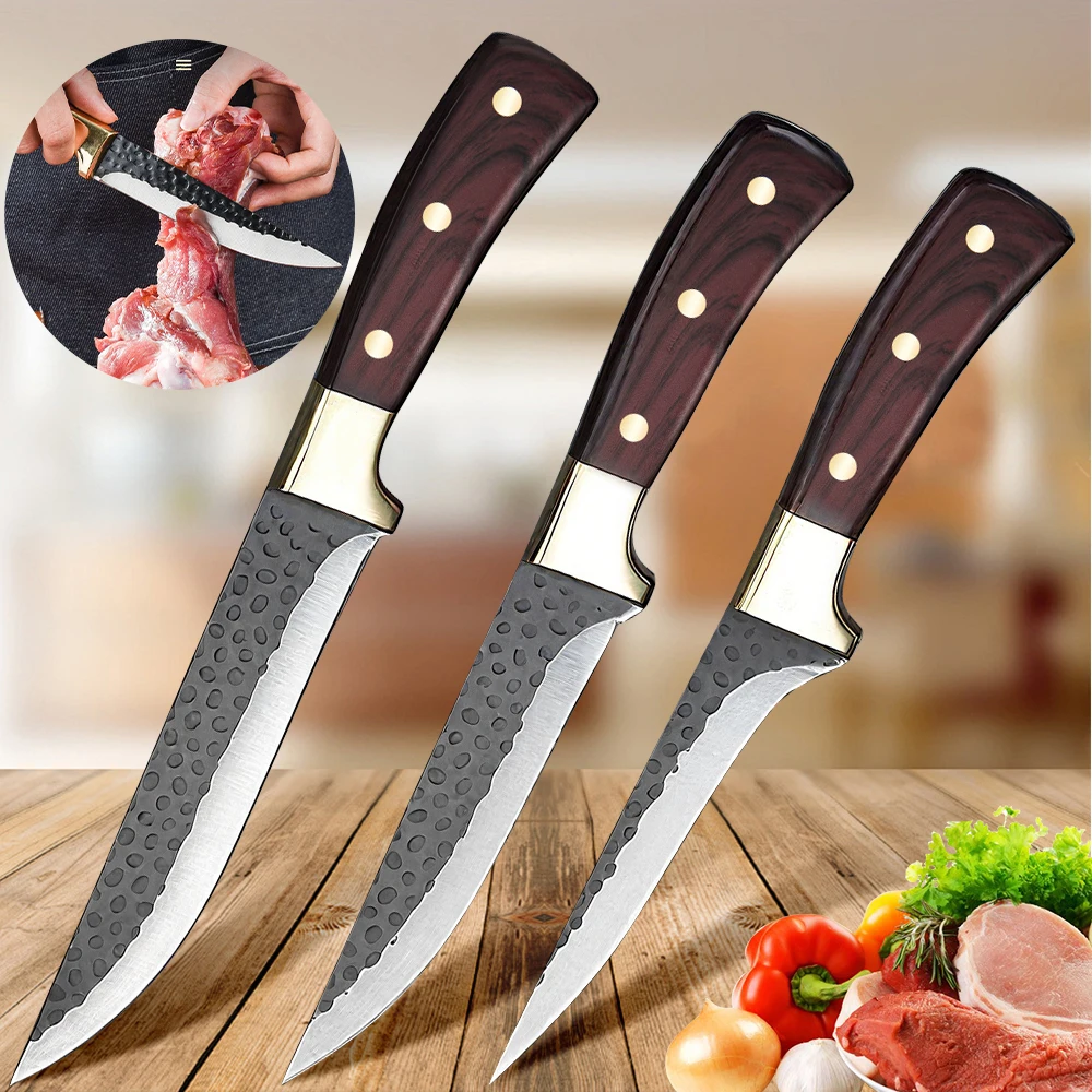 3-teiliges Edelstahl-Steakmesser-Set mit Vintage-Holzgriff, Scharfe Grillmesser mit genietetem ergonomischem Griff, Küchenbesteck – Detail 9