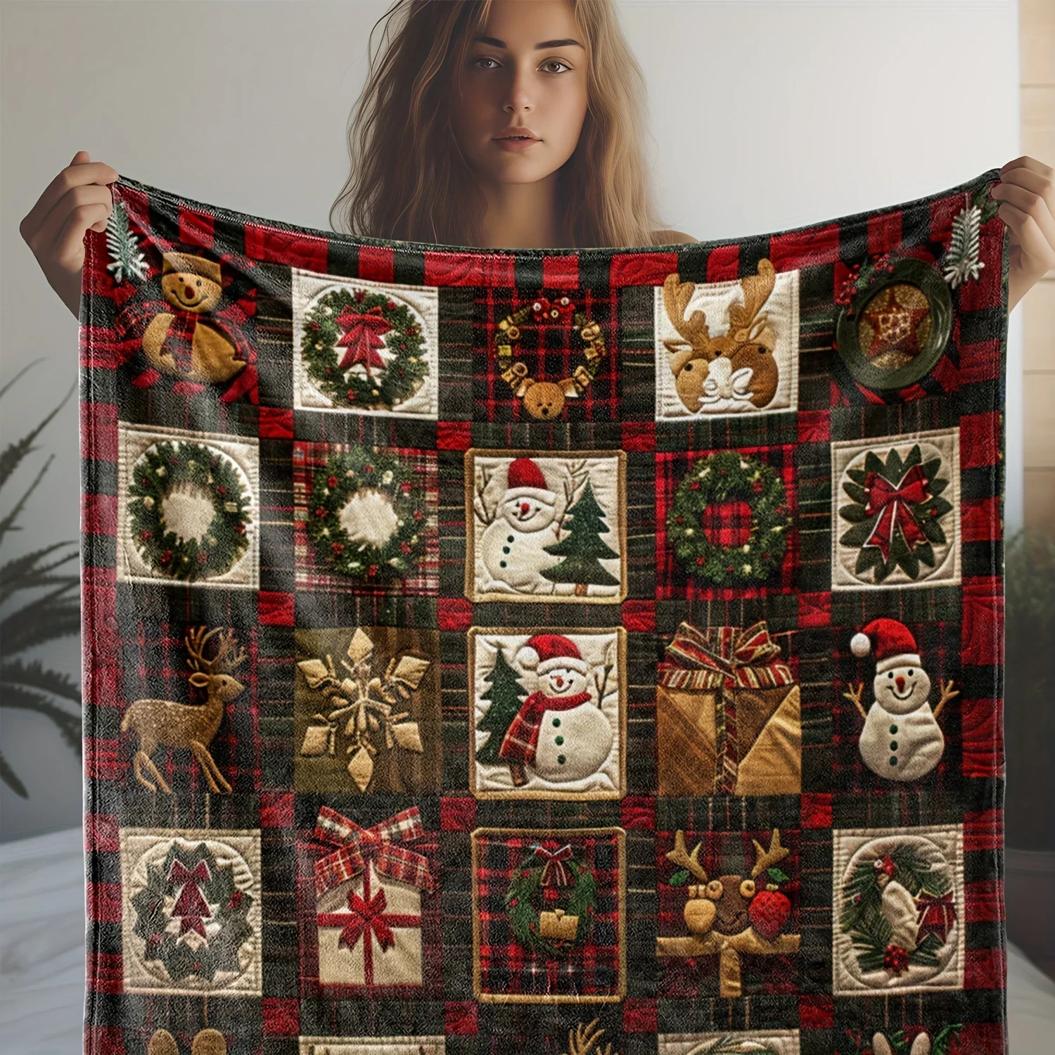 Cozy Festive Christmas Blanket - Vintage-Inspired Wreath, Snowman, Reindeer, and Gift Grid Printed Soft Flannel Throw with Warm