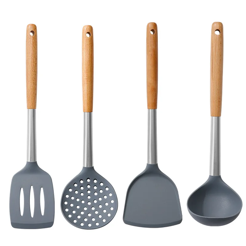 Kitchen Utensils Silicone Wooden Handle Non Stick Pot Kitchenware Cooking Set Soup Spoon Pasta Colander Shovel