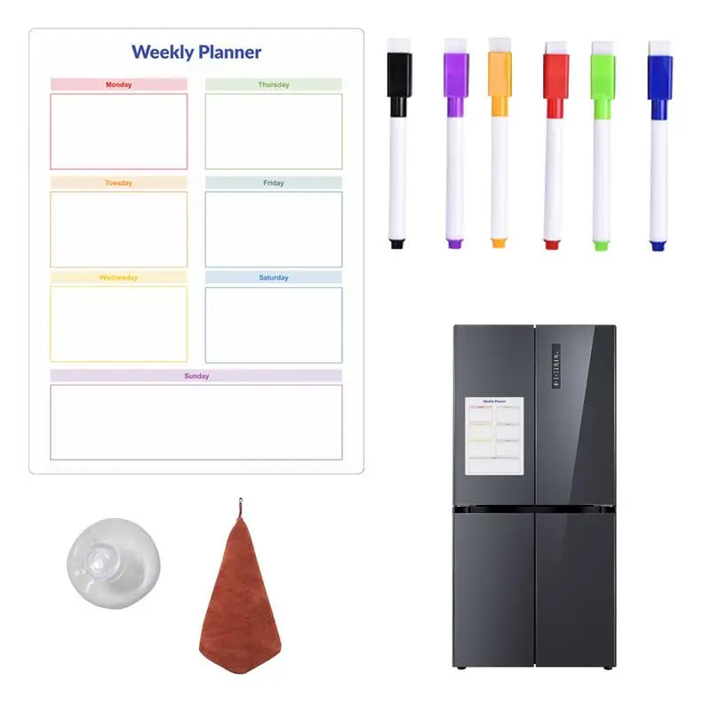 

Еженедельный планировщик, белая доска для сухого стирания холодильника, планировщик для стен с 6 ручками, присосками, полотенца, магнитная подвижная доска для расписания из ПВХ