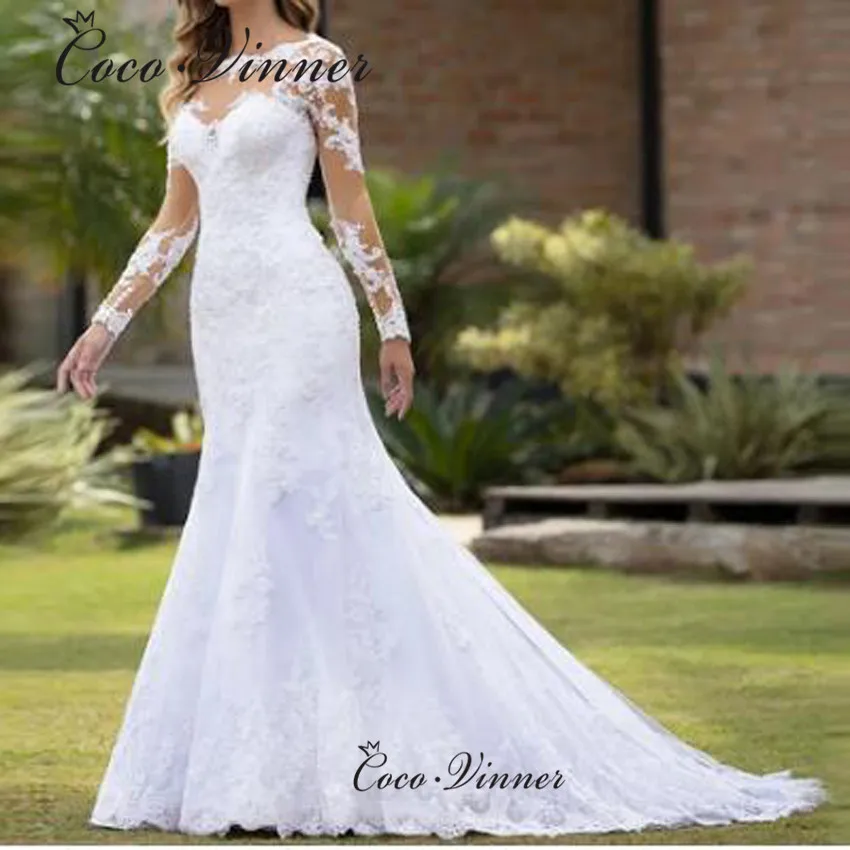 Illusion Back With Buttons America Boho Mermaid Wedding Dresses For Women Customized Lace Embroidery On Net Bride Dress W1070