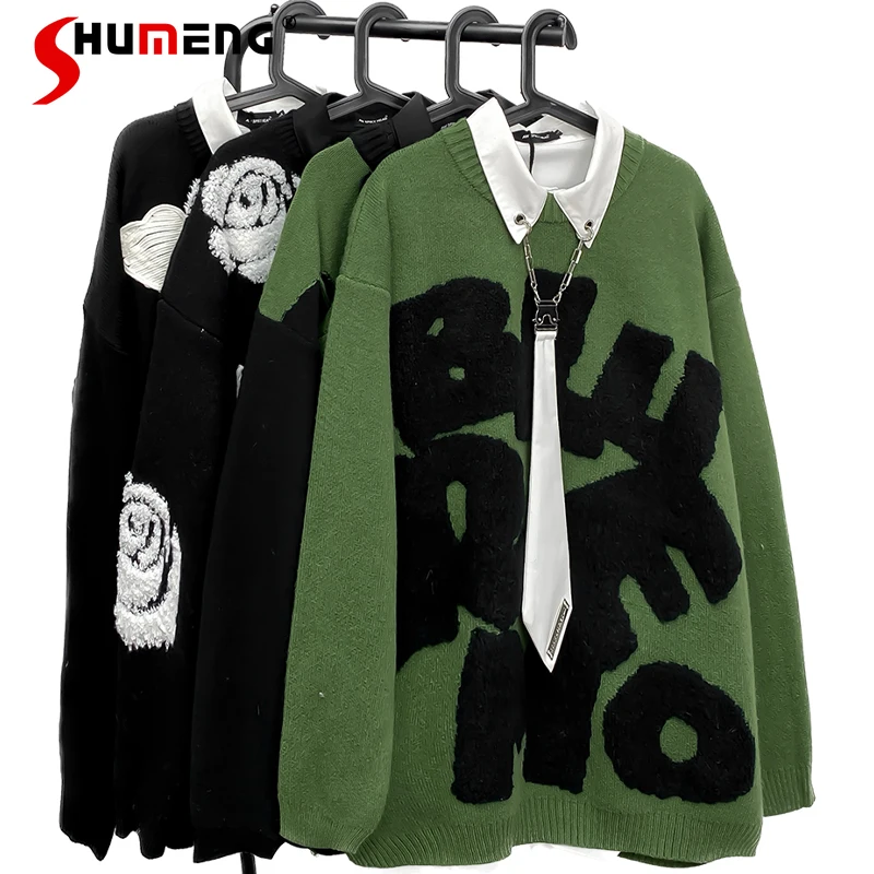 New Fashion Brand American Retro Alphabet Towel Embroidery Sweater Men's Loose Ins Hip-Hop Loose Knitwear For Women's Clothes