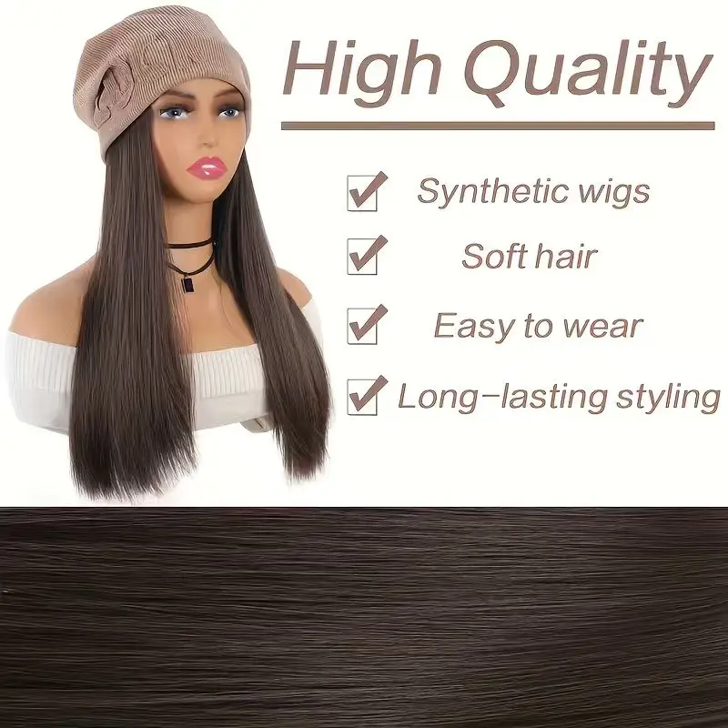 Brown Autumn Hat Synthetic Wig Lucky Hat Long Straight Hair Soft Hat and Wig, Easy to Wear, Warm