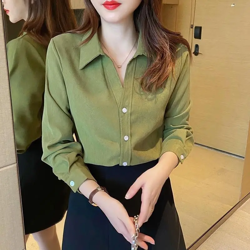 Women's Autumn Winter New Fashion Elegant Polo Neck Solid Color Shirt Casual Versatile Western Commuting Youth Popularity Tops