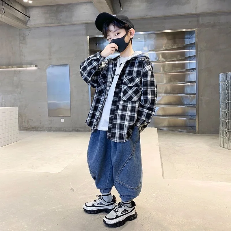 110-170cm Fashion Boys Shirts Long Sleeve School Blouse Loose Boys Cardigan Plaid Shirt For Children Tops Autumn Clothes