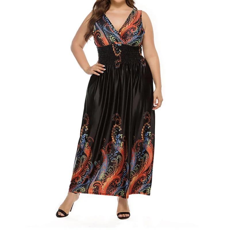 Bohemian Plus Size Women's Clothing Deep V-Neck Multi-element Printing Sleeveless Summer Ice Silk Loose Elastic Waist Long Dress