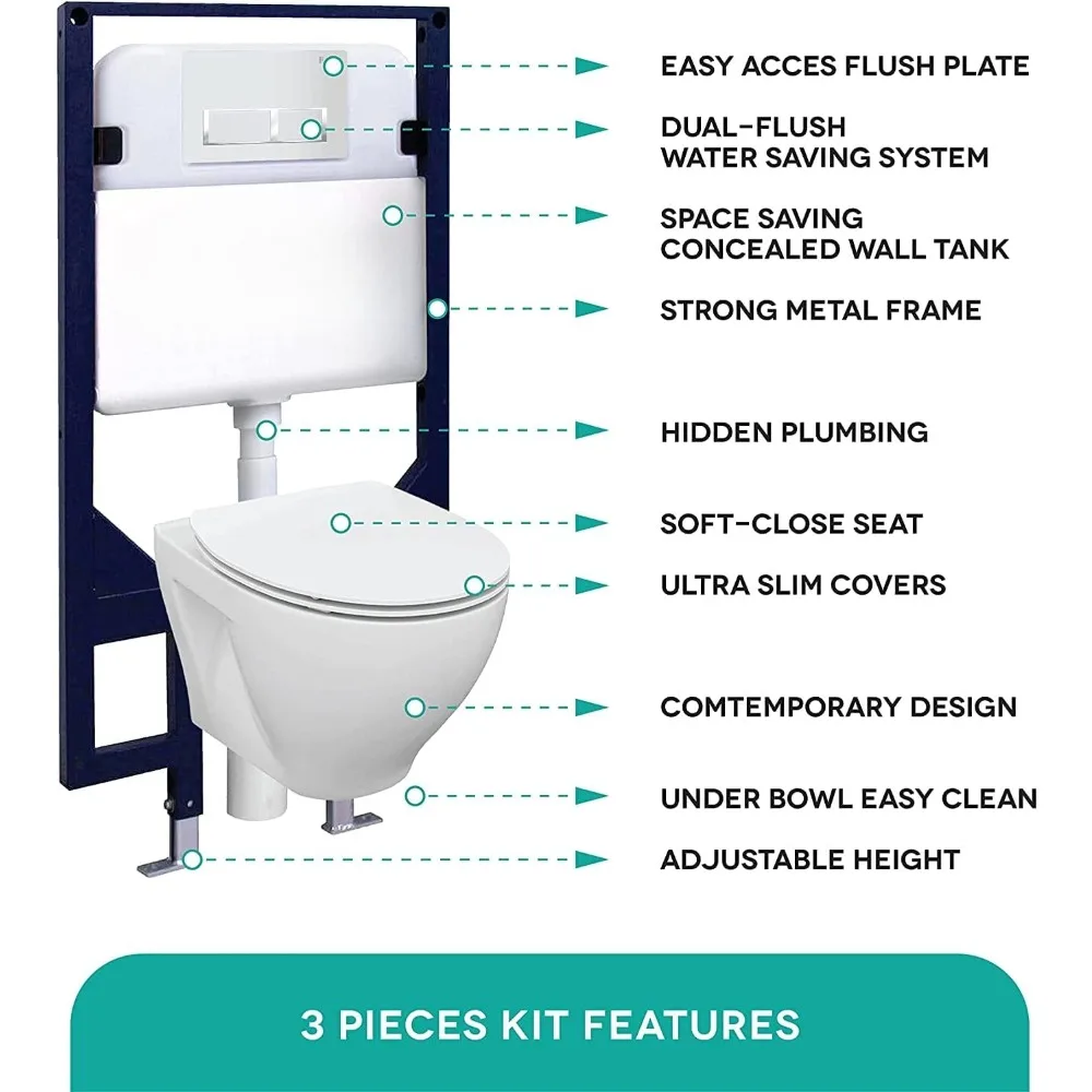 In-Wall Toilet Combo Set – Wall-Hung Toilet Bowl with Soft-Close Seat,Durable Tank and Carrier System, Stylish Push Buttons 2