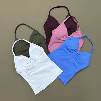Women Seamless Yoga Tank Top V Neck Removable Pads Quick Dry Sleeveless Sports Vest Gym Running Fitness Workout Sportswear 1