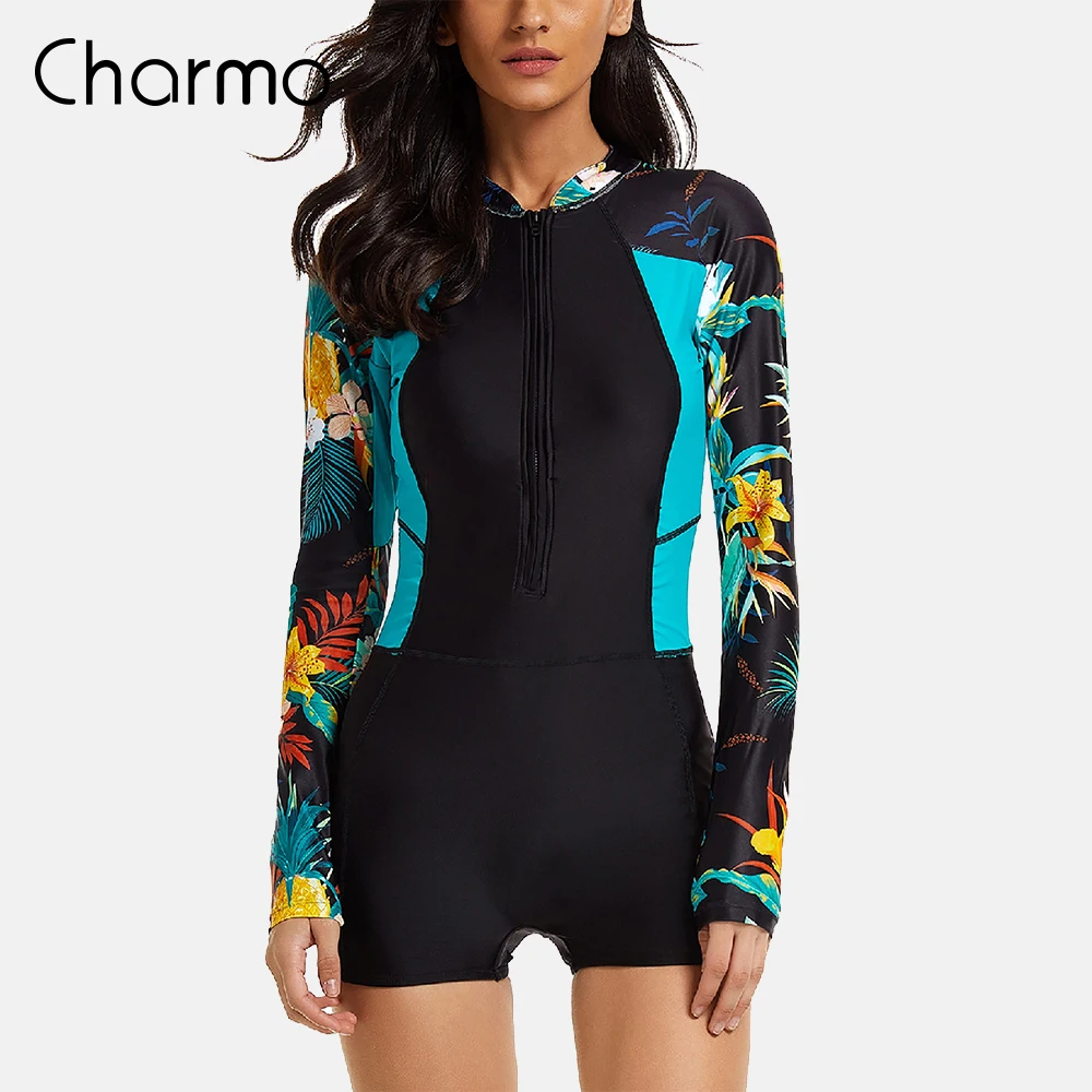 Charmo Women One Piece Rash Guard Long Sleeve Zipper Surf Suit Swimsuit Boxer Bathing Suit