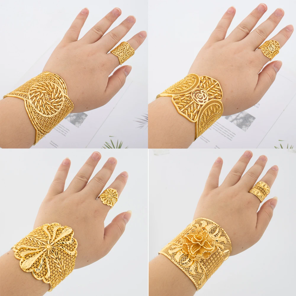 

Dubai Open Cuff Bangle Gold Color Big Bracelet Ring For Women Moroccan Charm Chain Cuff Bracelet African Indian Bridal Jewelry