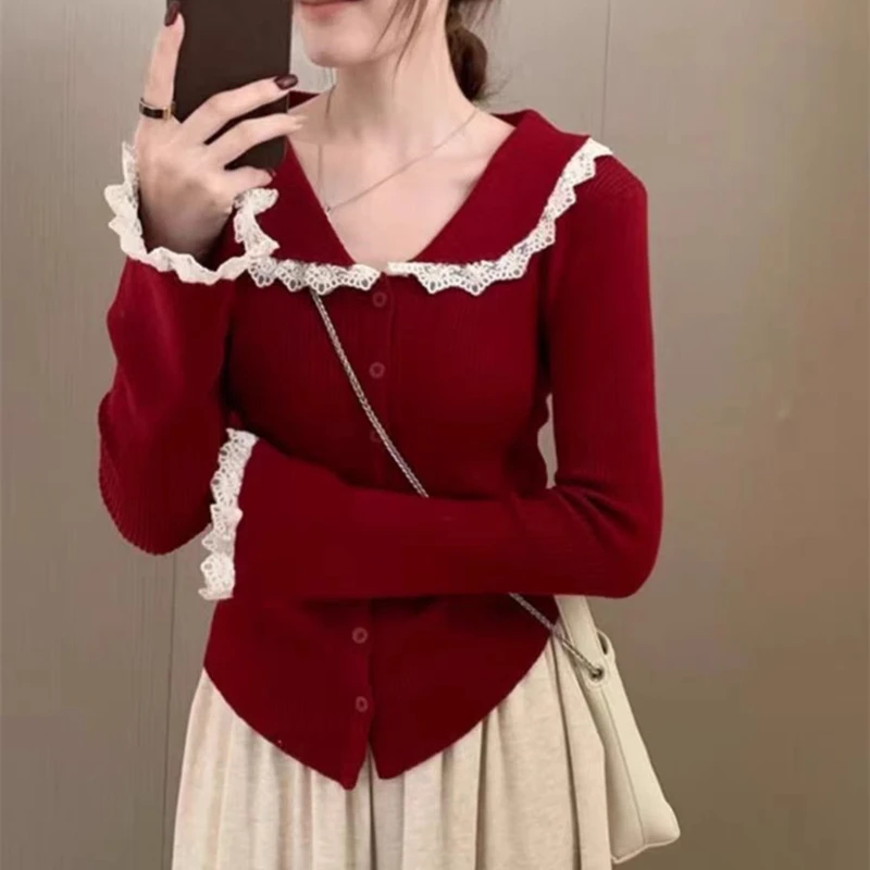 2025 Fall Women Long Sleeve Cardigan Knitted Top Autumn V-neck Sweet Korean Style Lace Sweater Elegant Casual Solid Knitwear