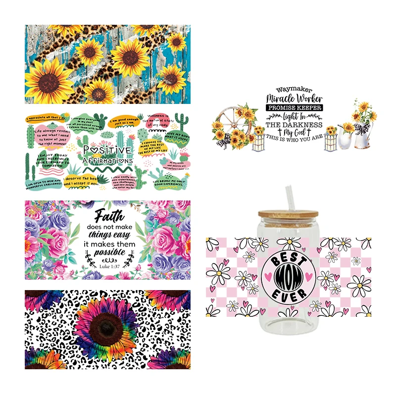 

Наклейки для трансфера UV DTF, упаковка для чашки, цветочное слово, напечатанное для DIY стекла, керамики, металла, кожи, 3D, 16 унций D1545