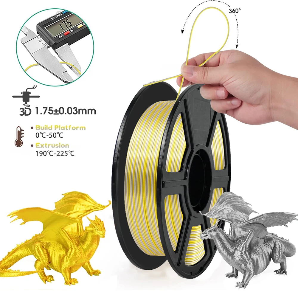 실크 PLA+ 듀얼 컬러 3D 프린터 필라멘트 1.75mm 250G 공압출 변색 +/-0.02mm 정확도 FDM 프린터용