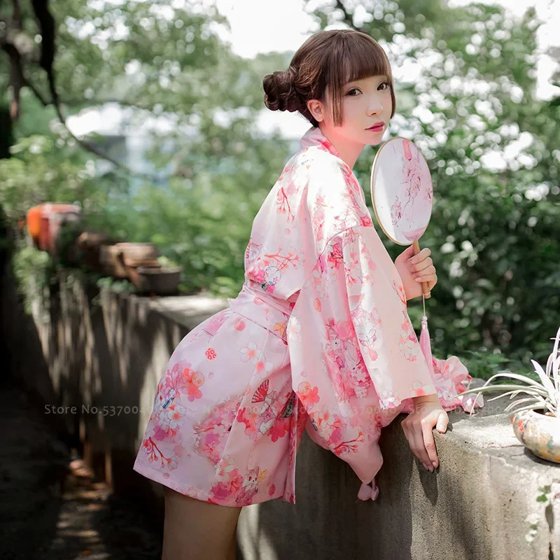 Japanese Kimono Dress Women Sexy Yukata Robe Pajamas Girl Pink Sakura Traditional Costumes Party Exotic Floral Chemises Homewear