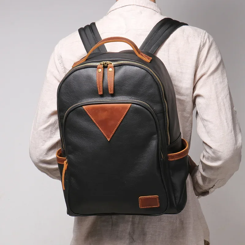 Men's Soft Genuine Leather Backpack Large Capacity Laptop Bag for Commute & Travel, Durable Two-Tone Casual Daypack