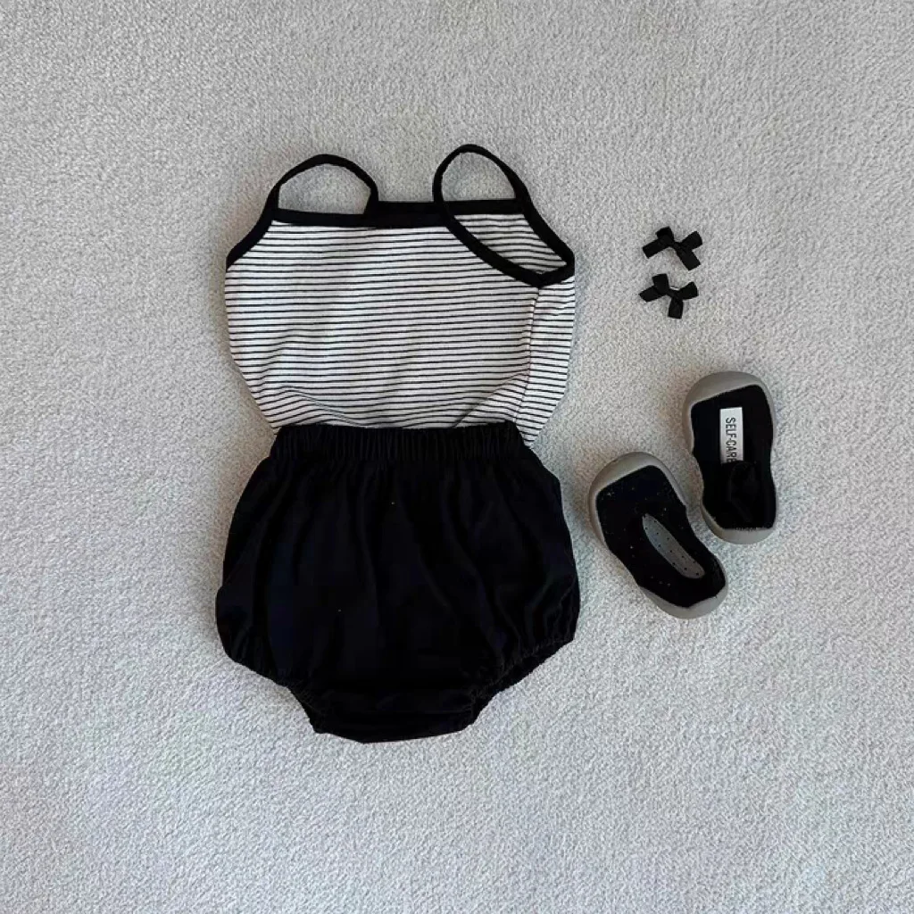 Description Picture 6 of item2025 Summer New Baby Sleeveless Clothes Set Infant Girl Striped Sling Vest + Shorts 2pcs Uit Thin Breathable Toddler Outfits