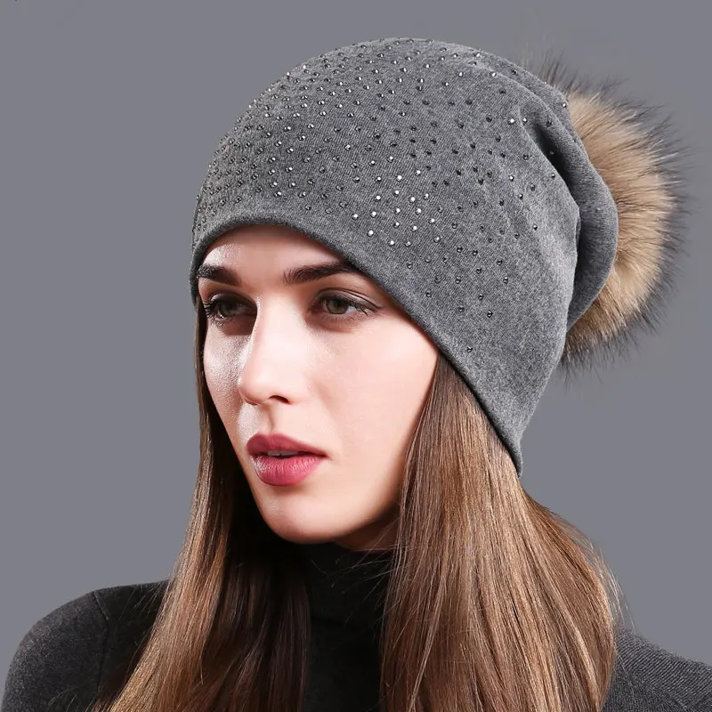 Women's Pompom Beanie Hats Autumn Winter Rhinestones Cotton Slouchy Beanies for Women Ladies Hat With Genuine Raccoon Fur Pompon 6