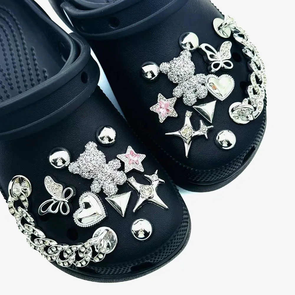 20-teiliges Schuh-Charm-Set, silbriger Bär, Pentagramm, Diamantkette, Schuhdekorationen, Schnalle für Sandalen, Clogs, DIY-Zubehör, Geschenk – Detail 5