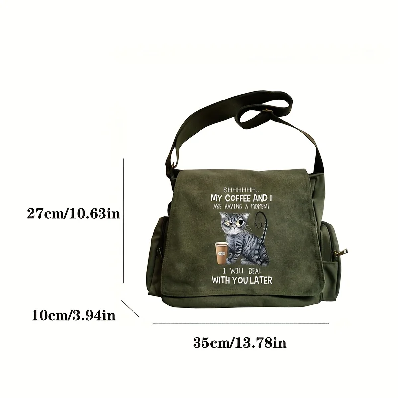 Vintage Canvas Bag Large Capacity Army Green Women's Messenger Bag Cat Female Printed Shoulder Bag Commuting