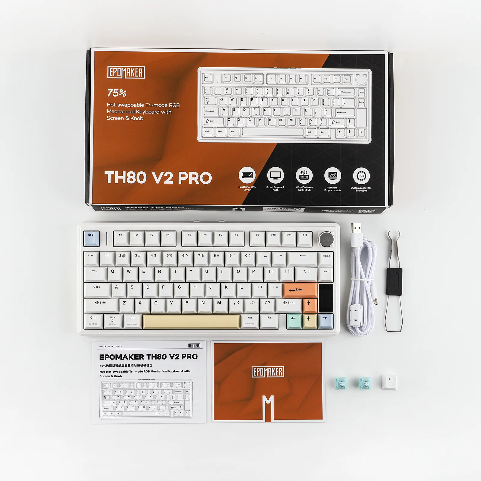 EPOMAKER TH80 V2 PRO 75% ANSI US QWERTY 레이아웃 핫스왑 가스켓 트라이 모드 무선 기계식 게이밍 키보드 (RGB 백라이트 포함)