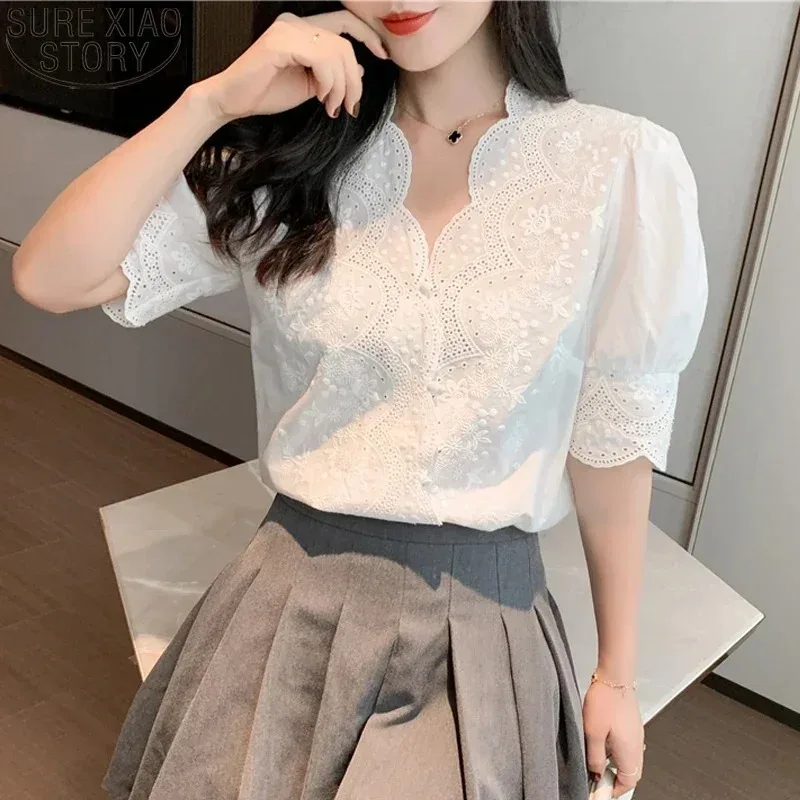 Women's Embroidery Hollow Out Blouse Casual White Tops Short Sleeve Blouses Sweet Summer 2025 13102