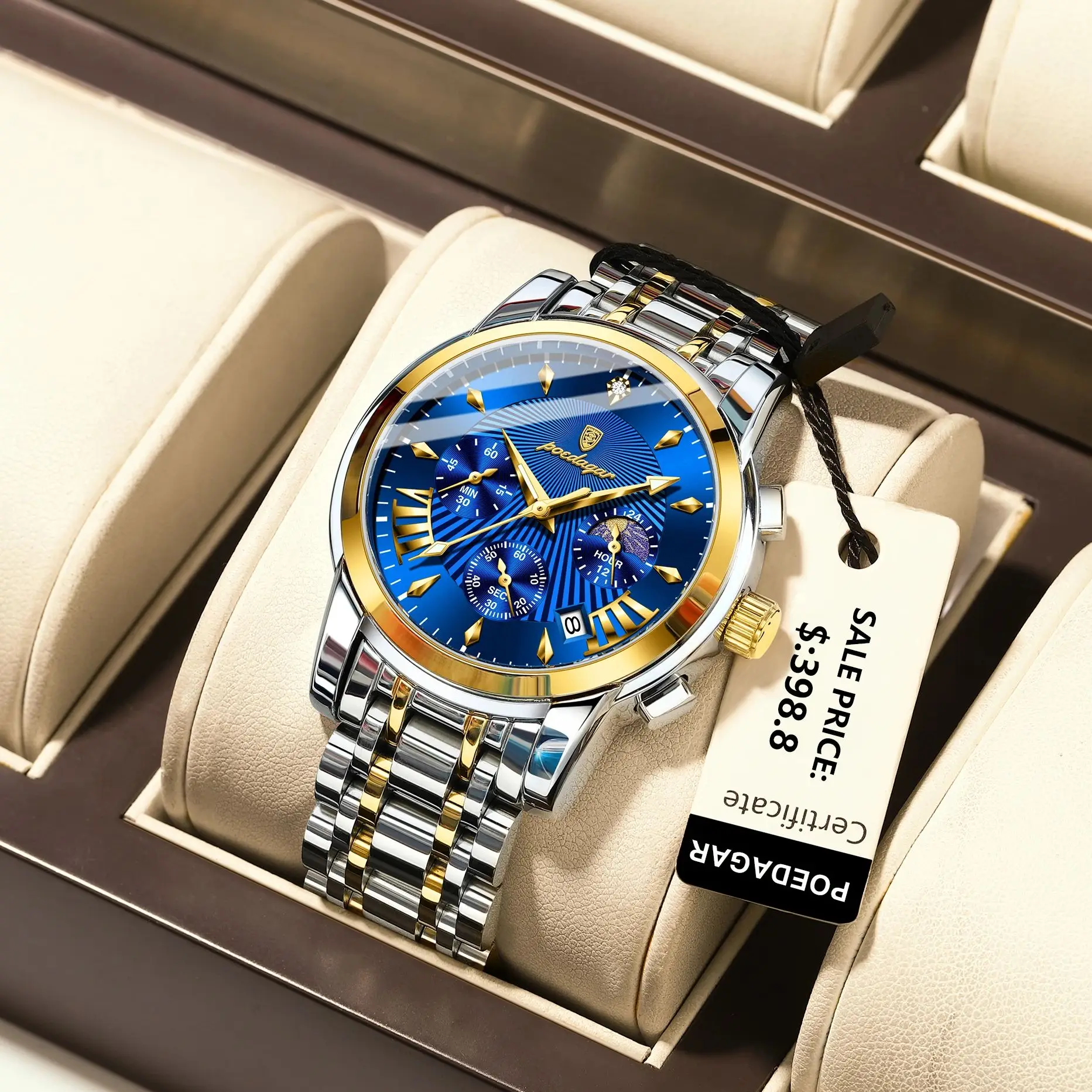 Poedagar Skeleton Chronograph Watch For Men Premium Gold Accents Water Resistant