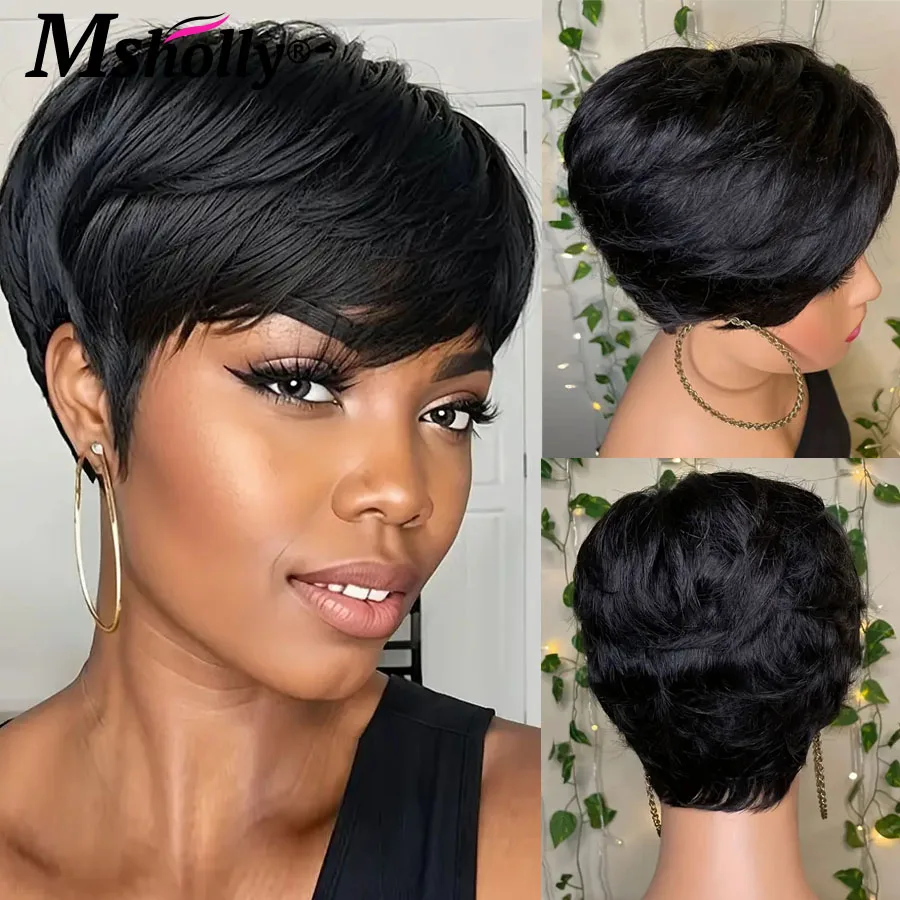 

Glueless Short Pixie Cut Wigs Human Hair Bob Cut Full Machine Made Wig Ready To Wear Human Hair Wig Natural Black With Bangs Wig