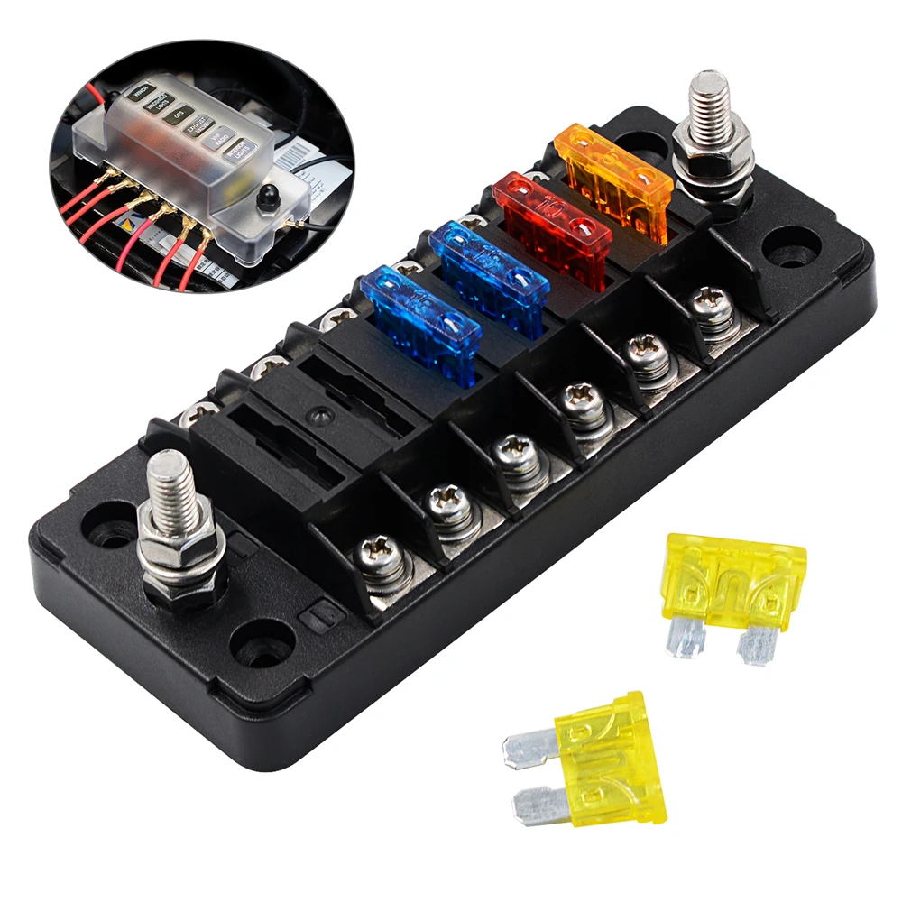 

6 Circuit Fuse Block W/ Negative Bus with Ground Protection Cover Bolt Connect Terminals 70 pcs Stick Label For Auto Boat Marine