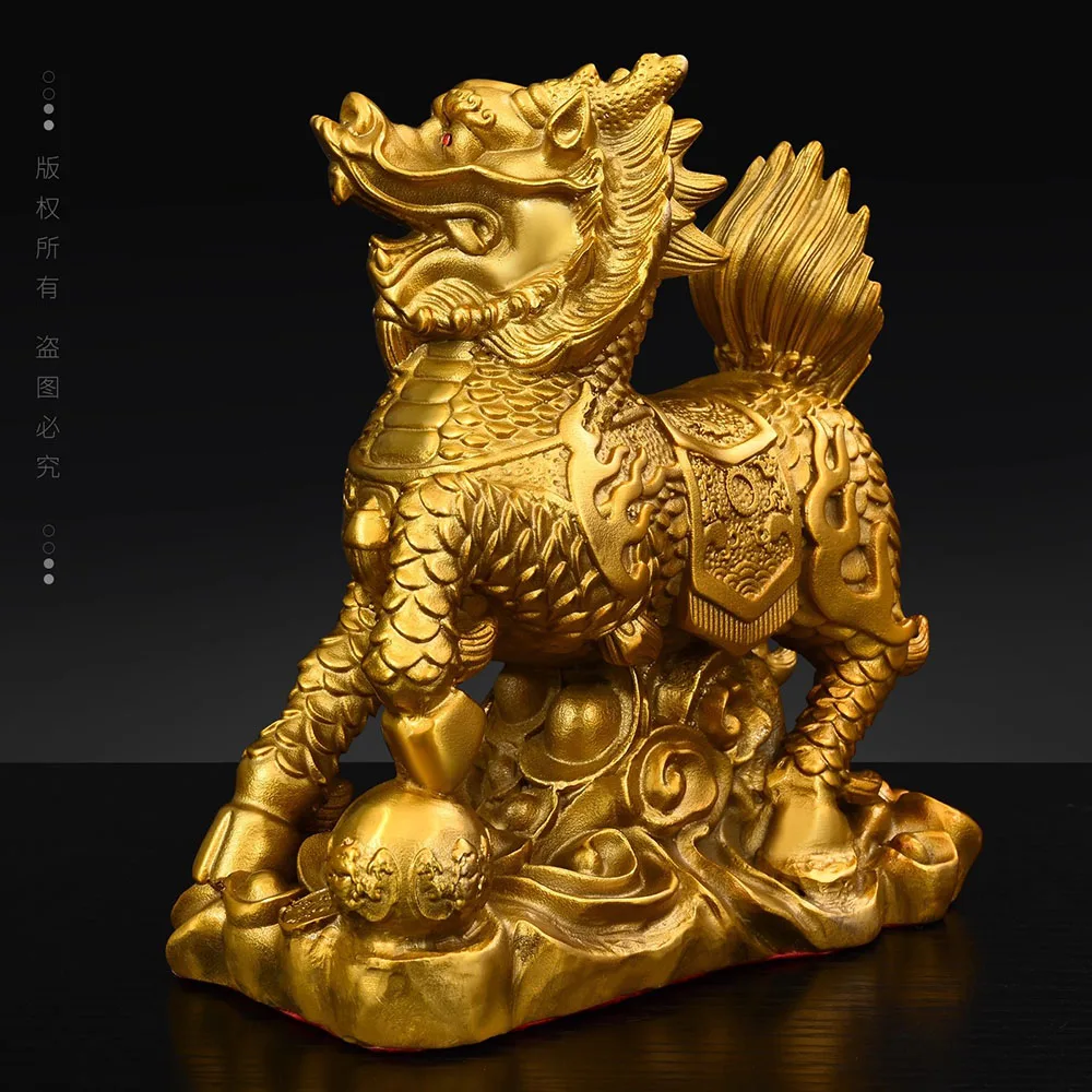 Brass Kylin Statue, Wealth & Fire Kylin with Gold Ingot, Chinese Mythological Beast Ornament, Feng Shui Decor Gift (A Pair)
