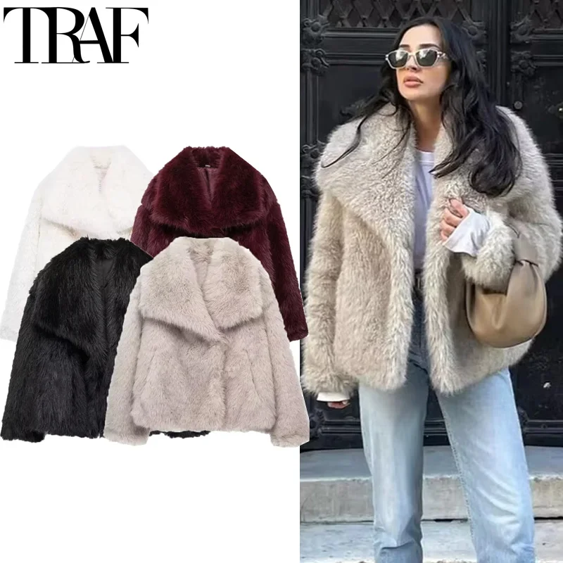 ジャケット・アウター acka 2024 Christmas box volume fur coat TRAF 2024 Woman Autumn Winter Faux Fur Coat Plush Fluffy
