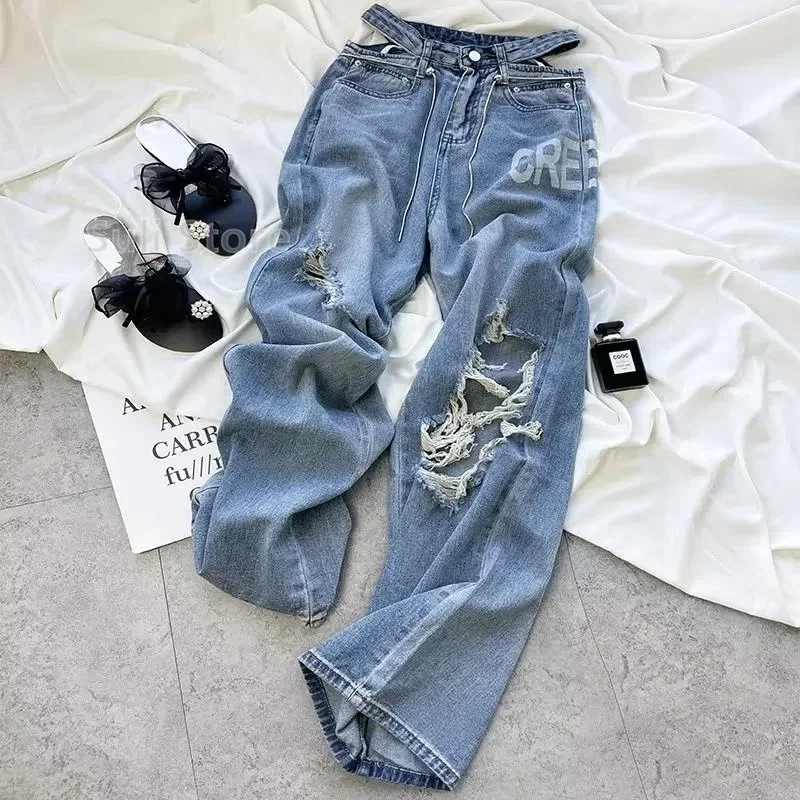 Jeans Strappati Donna 2023 Abbigliamento Femminile Jeans Vintage Donna Vita Alta Y2K Pantaloni Da Donna Streetwear Denim Baggy Moda Coreana