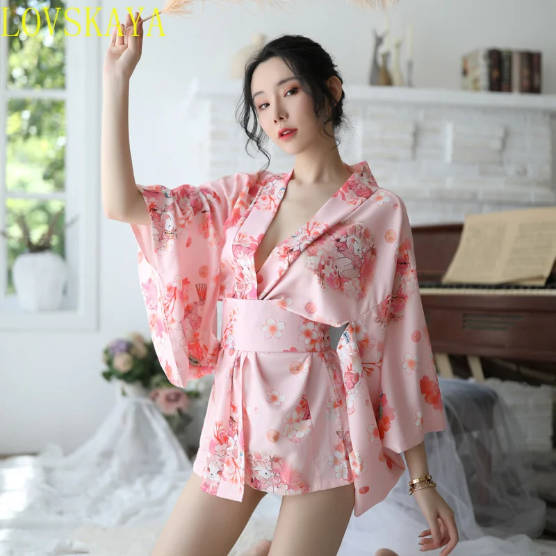 New tempting Japanese printed kimono provocative nightgown bathrobe set