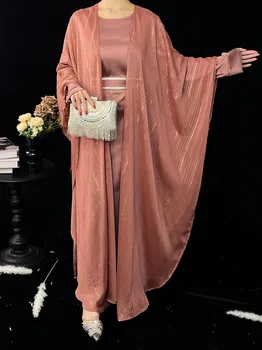 2pcs Elegant Shiny Cardigans for Women Dress Arabic Abaya Kimono Muslim Sets Dubai Open Abaya Turkey Kaftan kebaya Eid Ramadan