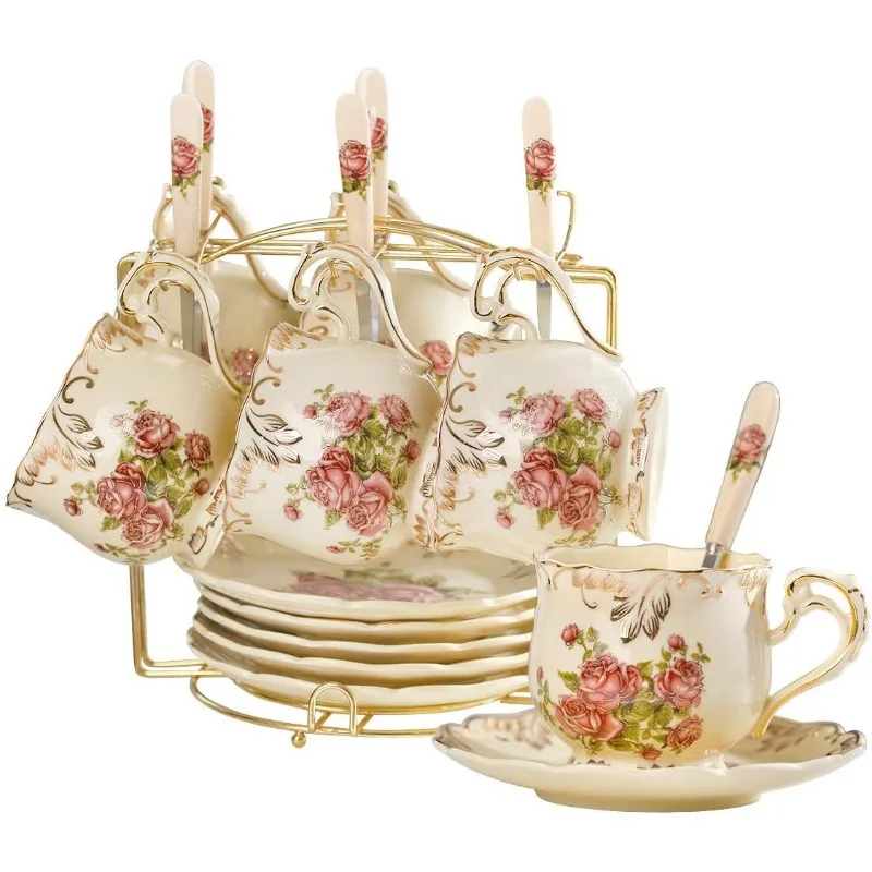 Tea Cups and Saucers Set of 6, 8 Oz Vintage Floral Porcelain Tea Cups Set, Coffee with Golden Rack
