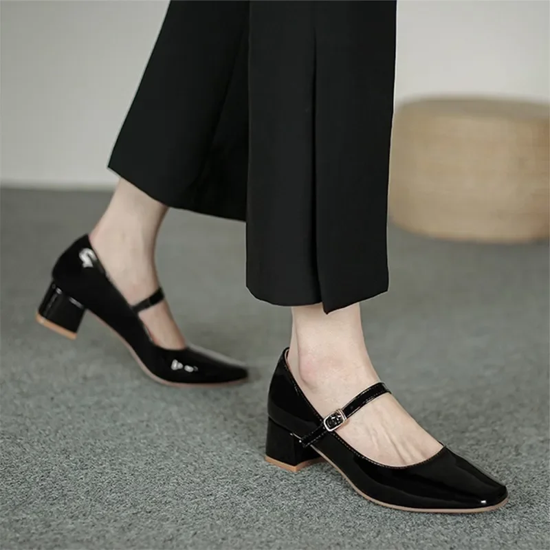 Spring Autumn Women Buckle Mary Janes Shoes Patent Leather Dress Shoes High Heels Pumps Retro Ladies Shoe Black Red 3