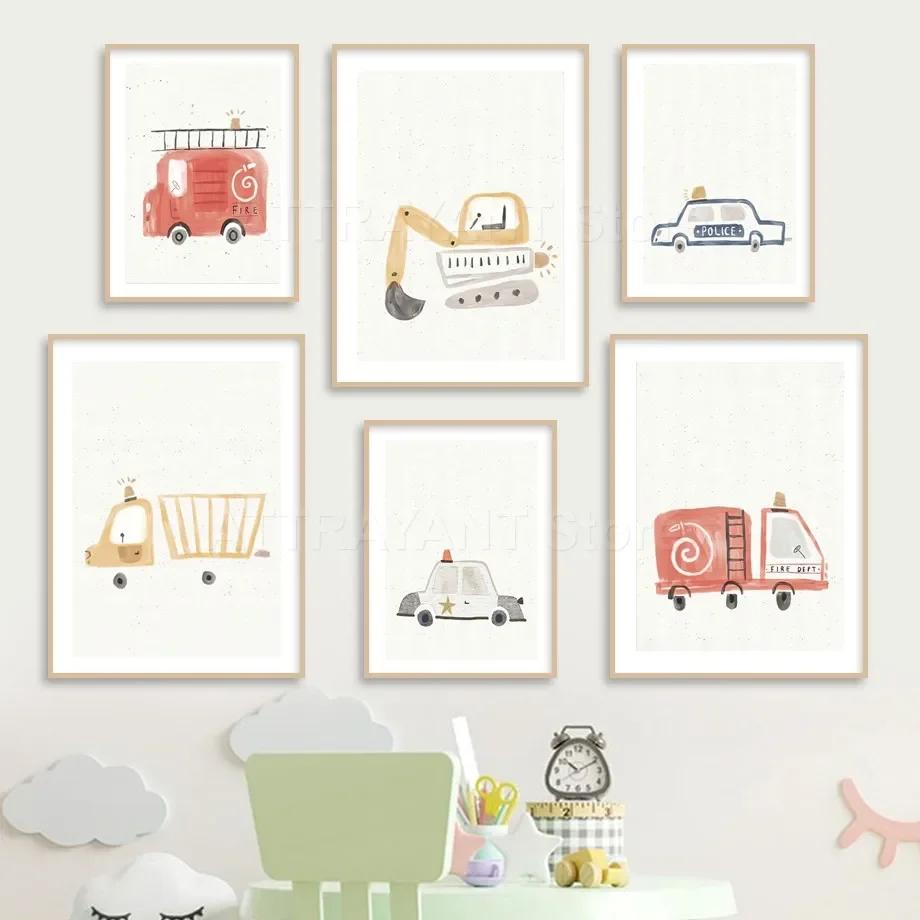 

Cartoon Fire Truck Excavators Cute Cars Nursery Wall Art Canvas Painting Nordic Posters And Prints Pictures Baby Kids Room Decor