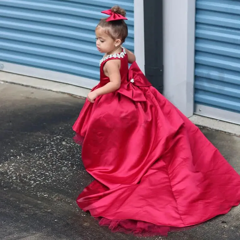

Red Satin Girls Birthday Dress Children Party Prom Gown Beaded Neck Little Princess Birthday Party Gown First Communion