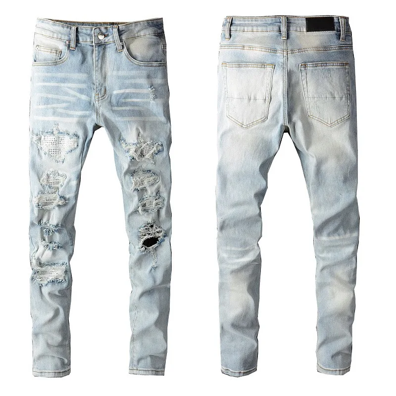 

Korean Style Skinny Jeans New Arrivals Men Women Light Blue Ripped Denim Pants Distressed Destroyed Holes Daily Casual Jeans