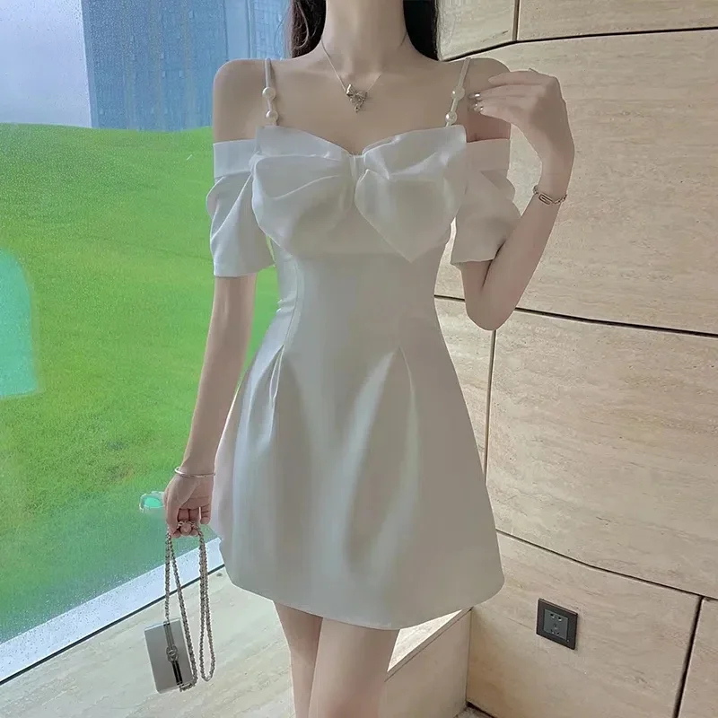 

Bow Sexy Slash Neck Dress Women Summer Korean Elegant White Mini Dress Fashion All Match Party Night Camis Vestidos