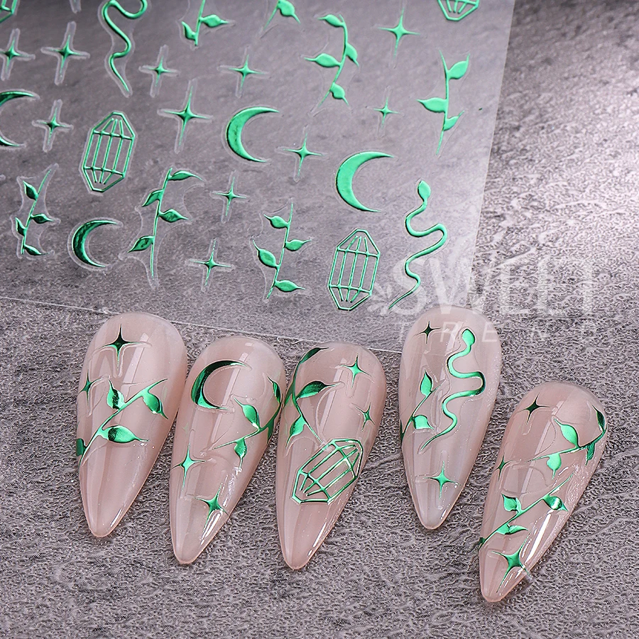 2pcs Metallic Snake Nail Stickers 3D Green Gold Leaves Stars Moon Line Design Nail Decals DIY Holographic Manicure Slider Decor