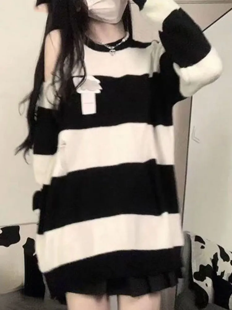 

Винтажный джемпер в полоску контрастных цветов, свитер с открытыми плечами Y2k, эстетичные Модные свободные вязаные пуловеры, повседневные топы в стиле Харадзюку