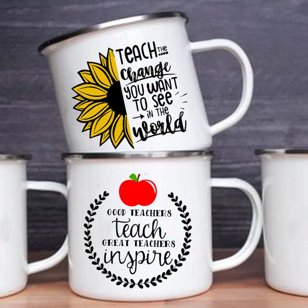 

Teacher Love Inspire Print Enamel Mug Creative Retro Coffee Water Cups Drink Dessert Milk Cup Mugs Handle Drinkware Teacher Gift