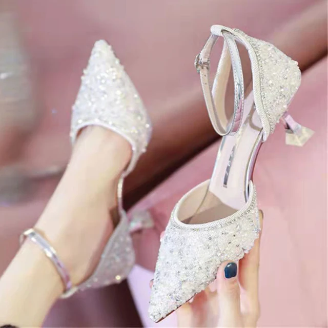 Rimocy Bling Shiny Women Pumps 2022 New Ankle Strap Crystal High Heels Shoes Woman Pointed Toe Thin Heel Wedding Party Shoes 2