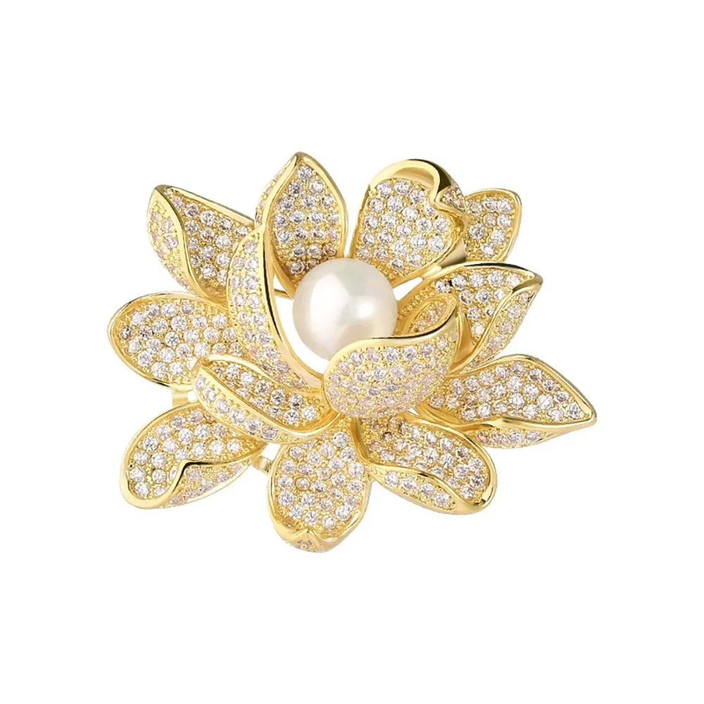 fashion Brooch for Women Gold Color Lotus Flower Brooches Pearl Zircon Inlaid Copper Pins jewelry Gifts Wholesale direct sales