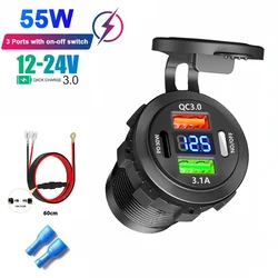 Premium Car USB Charger with Fast Charging & Voltmeter - Includes On/Off Switch for Versatile Vehicle Use (3Port55W switch wire)