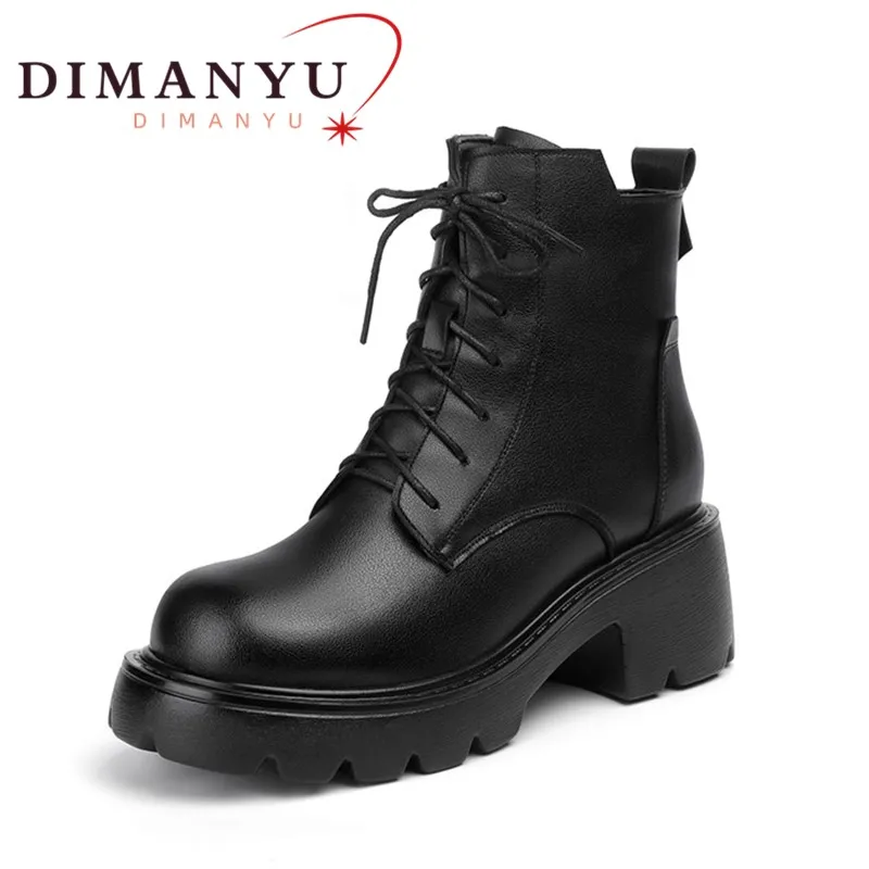 

DIMANYU Boots Women Winter Shoes High-heel Genuine Leather Short Boots Women British Style Wool Warm Women Ankle Boots